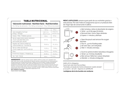 Lentejacas de la Tía Aurelia con verduras · Comida liofilizada artesanal