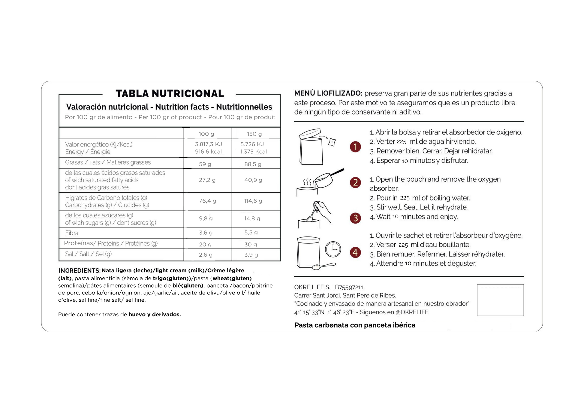 Pasta Carbønata · Comida liofilizada artesanal